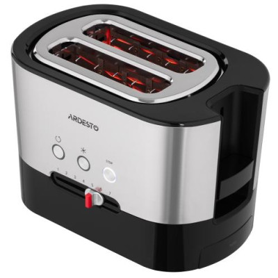 Тостер Ardesto T-K210, Steel/Black, 1000W, 2 тости, 2 відділення, 10 режимів підсмажування, автоцентрування, кнопка скасування приготування, підігрів, підсвічення кнопок управління, функція додаткового підйому