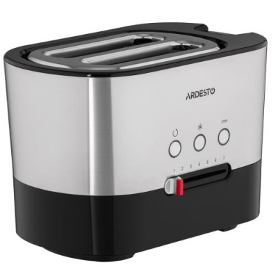Тостер Ardesto T-K210, Steel/Black, 1000W, 2 тости, 2 відділення, 10 режимів підсмажування, автоцентрування, кнопка скасування приготування, підігрів, підсвічення кнопок управління, функція додаткового підйому