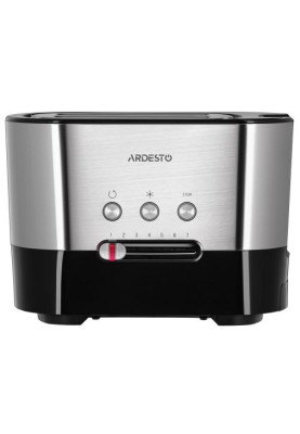 Тостер Ardesto T-K210, Steel/Black, 1000W, 2 тости, 2 відділення, 10 режимів підсмажування, автоцентрування, кнопка скасування приготування, підігрів, підсвічення кнопок управління, функція додаткового підйому