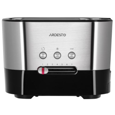 Тостер Ardesto T-K210, Steel/Black, 1000W, 2 тости, 2 відділення, 10 режимів підсмажування, автоцентрування, кнопка скасування приготування, підігрів, підсвічення кнопок управління, функція додаткового підйому