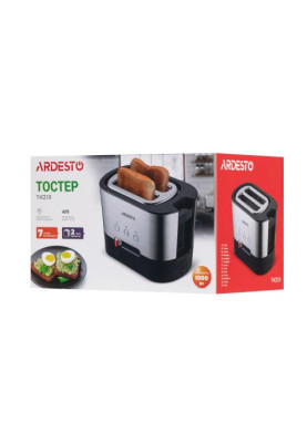 Тостер Ardesto T-K210, Steel/Black, 1000W, 2 тости, 2 відділення, 10 режимів підсмажування, автоцентрування, кнопка скасування приготування, підігрів, підсвічення кнопок управління, функція додаткового підйому