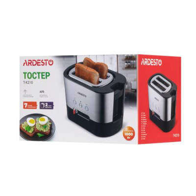 Тостер Ardesto T-K210, Steel/Black, 1000W, 2 тости, 2 відділення, 10 режимів підсмажування, автоцентрування, кнопка скасування приготування, підігрів, підсвічення кнопок управління, функція додаткового підйому