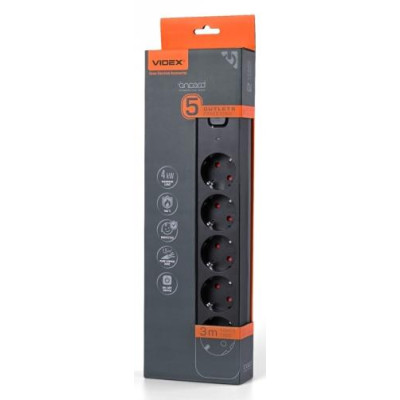 Фільтр мережевий Videx "Oncord", 5 розеток, 3 м, Black, 16А, до 4 кВт, вимикач, заземлення, 3x1.5 мм² (VF-PD53G-B)