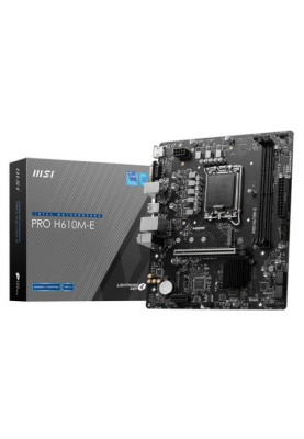 Мат.плата LGA1700, MSI PRO H610M-E, H610, 2xDDR5, Int.Video(CPU), 4xSATA3, 1xM.2, 1xPCI-E 4.0 x16, 1xPCI-E 3.0 x1, ALC897, RTL8111H, 4xUSB3.2/8xUSB2.0, VGA/HDMI, MicroATX