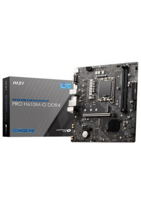 Мат.плата LGA1700, MSI PRO H610M-G, H610, 2xDDR5, Int.Video(CPU), 4xSATA3, 1xM.2, 1xPCI-E 4.0 x16, 1xPCI-E 3.0 x1, 1xM.2 (Key E), ALC897, I219V, 4xUSB3.2/6xUSB2.0, VGA/HDMI/DP, MicroATX