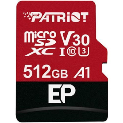 Карта пам'яті microSDXC, 512Gb, Patriot EP, Class10 UHS-I U3 V30 A1, SD адаптер, до 90/80 МБ/с (PEF512GEP31MCX)