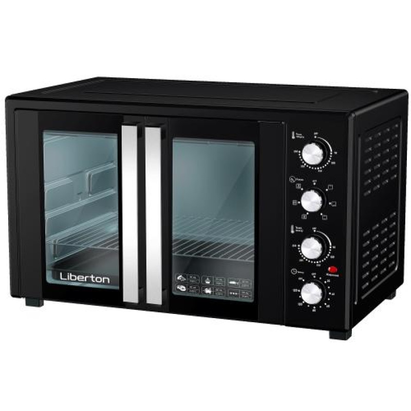 Електродуховка Liberton LEO-600 Black, 1900W, 60л, подвійні розпашні дверцята, 6 режімів нагріву, конвекція, підсвітка, 70-250 °C, механічне керування, таймер, рожен, решітка, деко, лоток для крихт та жиру, тримач для дека, терморукавиця