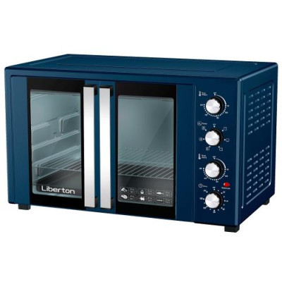 Електродуховка Liberton LEO-600 Dark Blue, 1900W, 60л, подвійні розпашні дверцята, 6 режімів нагріву, конвекція, підсвітка, 70-250 °C, механічне керування, таймер, рожен, решітка, деко, лоток для крихт та жиру, тримач для дека, терморукавиця
