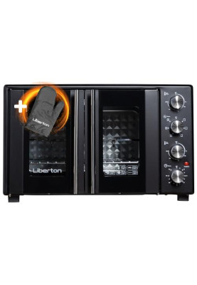 Електродуховка Liberton LEO-500 Black, 1700W, 50л, подвійні розпашні дверцята, 6 режімів нагріву, конвекція, підсвітка, 70-250 °C, механічне керування, таймер, рожен, решітка, деко, лоток для крихт та жиру, тримач для дека, ТЕРМОРУКАВИЦЯ У ПОДАРУНОК