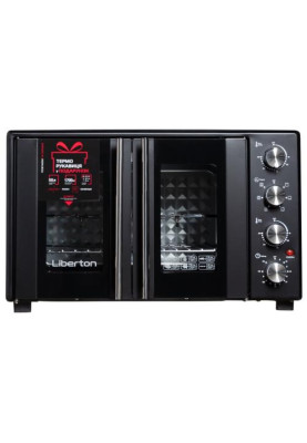 Електродуховка Liberton LEO-500 Black, 1700W, 50л, подвійні розпашні дверцята, 6 режімів нагріву, конвекція, підсвітка, 70-250 °C, механічне керування, таймер, рожен, решітка, деко, лоток для крихт та жиру, тримач для дека, ТЕРМОРУКАВИЦЯ У ПОДАРУНОК