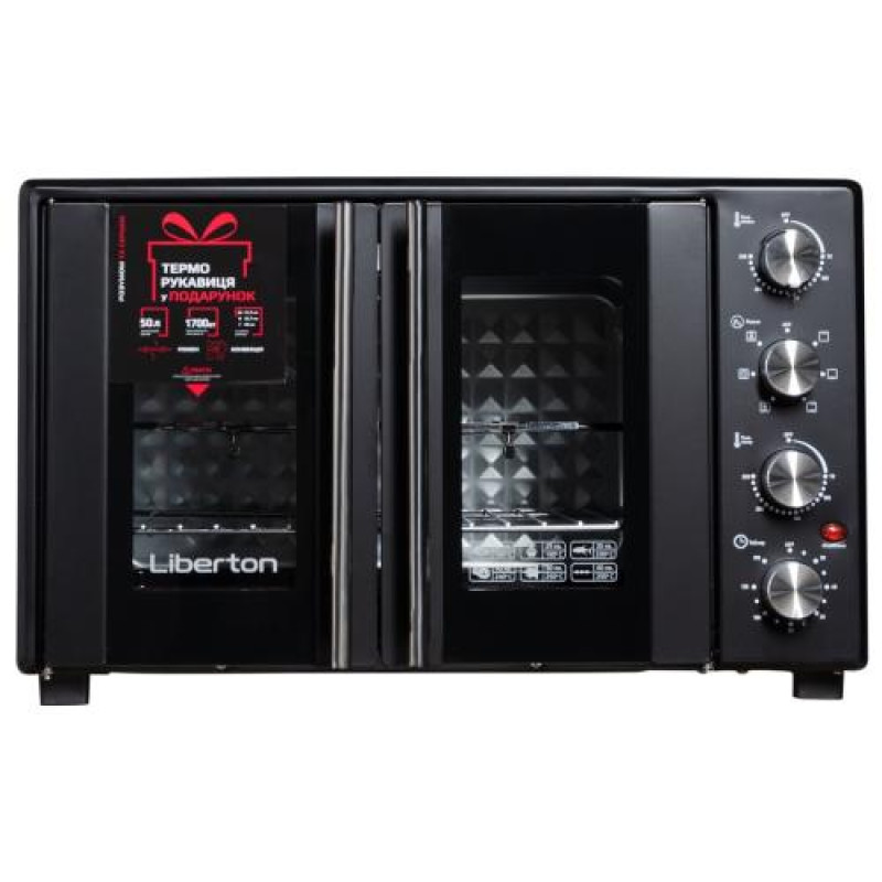 Електродуховка Liberton LEO-500 Black, 1700W, 50л, подвійні розпашні дверцята, 6 режімів нагріву, конвекція, підсвітка, 70-250 °C, механічне керування, таймер, рожен, решітка, деко, лоток для крихт та жиру, тримач для дека, ТЕРМОРУКАВИЦЯ У ПОДАРУНОК