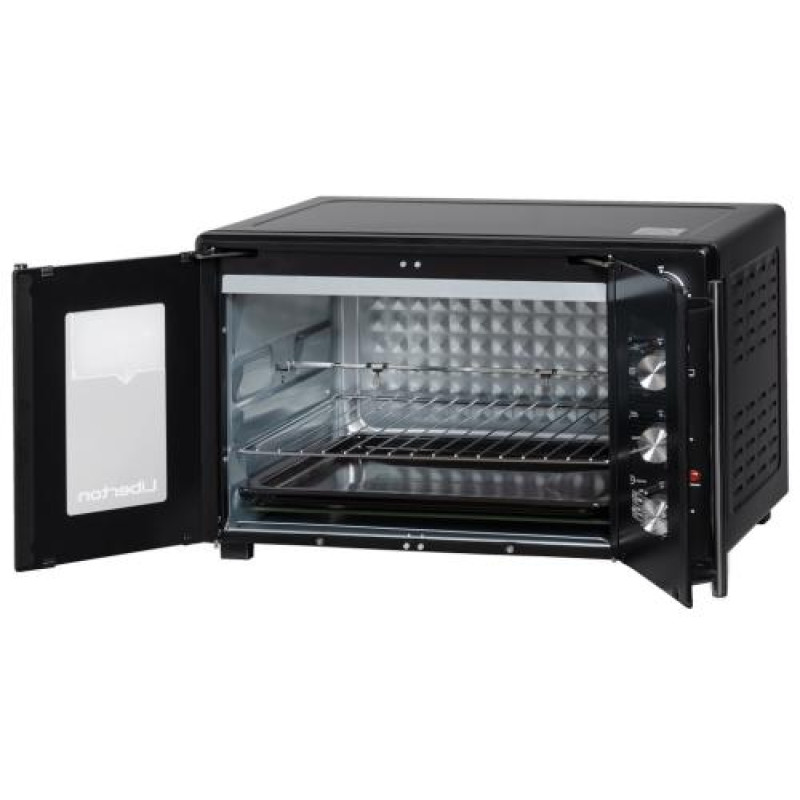 Електродуховка Liberton LEO-500 Black, 1700W, 50л, подвійні розпашні дверцята, 6 режімів нагріву, конвекція, підсвітка, 70-250 °C, механічне керування, таймер, рожен, решітка, деко, лоток для крихт та жиру, тримач для дека, ТЕРМОРУКАВИЦЯ У ПОДАРУНОК