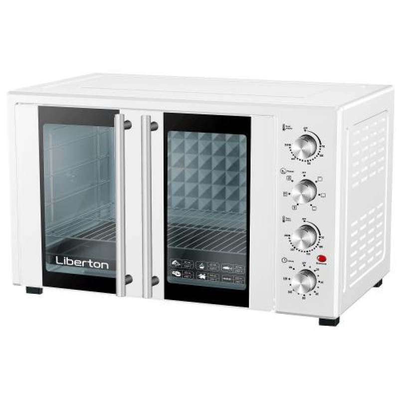 Електродуховка Liberton LEO-500 White, 1700W, 50л, подвійні розпашні дверцята, 6 режімів нагріву, конвекція, підсвітка, 70-250 °C, механічне керування, таймер, рожен, решітка, деко, лоток для крихт та жиру, тримач для дека, ТЕРМОРУКАВИЦЯ У ПОДАРУНОК