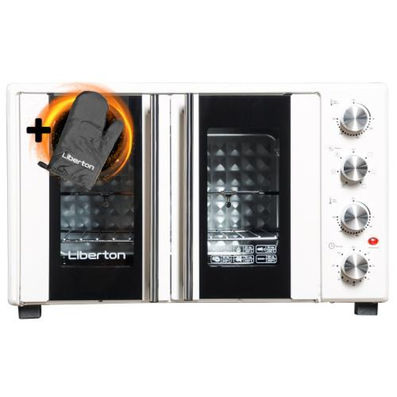 Електродуховка Liberton LEO-500 White, 1700W, 50л, подвійні розпашні дверцята, 6 режімів нагріву, конвекція, підсвітка, 70-250 °C, механічне керування, таймер, рожен, решітка, деко, лоток для крихт та жиру, тримач для дека, ТЕРМОРУКАВИЦЯ У ПОДАРУНОК