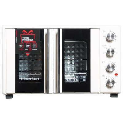 Електродуховка Liberton LEO-500 White, 1700W, 50л, подвійні розпашні дверцята, 6 режімів нагріву, конвекція, підсвітка, 70-250 °C, механічне керування, таймер, рожен, решітка, деко, лоток для крихт та жиру, тримач для дека, ТЕРМОРУКАВИЦЯ У ПОДАРУНОК