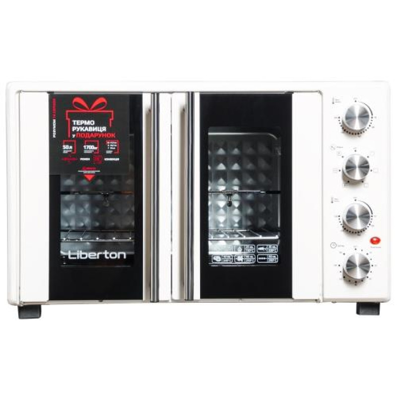 Електродуховка Liberton LEO-500 White, 1700W, 50л, подвійні розпашні дверцята, 6 режімів нагріву, конвекція, підсвітка, 70-250 °C, механічне керування, таймер, рожен, решітка, деко, лоток для крихт та жиру, тримач для дека, ТЕРМОРУКАВИЦЯ У ПОДАРУНОК