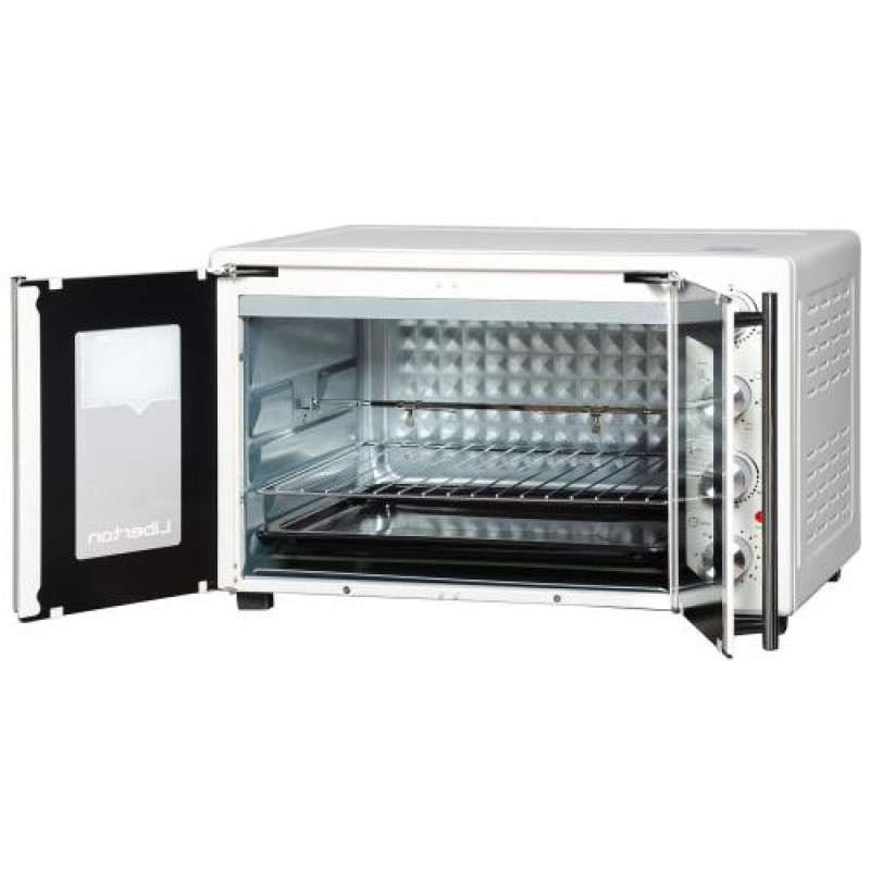 Електродуховка Liberton LEO-500 White, 1700W, 50л, подвійні розпашні дверцята, 6 режімів нагріву, конвекція, підсвітка, 70-250 °C, механічне керування, таймер, рожен, решітка, деко, лоток для крихт та жиру, тримач для дека, ТЕРМОРУКАВИЦЯ У ПОДАРУНОК
