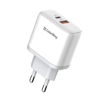 Мережевий зарядний пристрій ColorWay, White, 45 Вт, 1xType-C (45 Вт / PD3.0) / 1xUSB (30 Вт / QC3.0), Auto ID (CW-CHS042PD-WT)