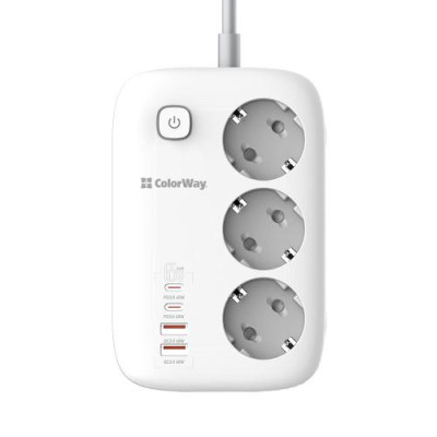Фільтр мережевий ColorWay GaN3 Pro, 3 розетки, 2 м, White, 2xUSB (60 Вт, QC3.0), 2xType-C (65 Вт, PD3.0), дріт з міді (до 3250 Вт), 16A (CW-CHE34PDW)