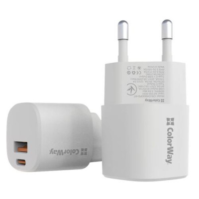 Мережевий зарядний пристрій ColorWay ColorWay GaN 3, White, 33 Вт, 1xType-C (PD 3.0) / 1xUSB (QC 3.0), Auto ID (CW-CHS043PD-WT)
