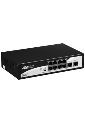 Комутатор 2E PowerLink SP802F, Black, некерований, 8xFE PoE 10/100M, 2xFE Uplink 10/100M, 150 Вт, автовизначення полярності (2E-SP802F-2)
