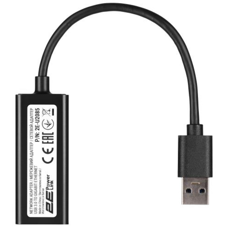 Мережевий адаптер USB 3.0 - Ethernet, 10/100/1000 Мбіт/сек, 2E U2085, Black, чіпсет RTL8153 (2E-U2085)