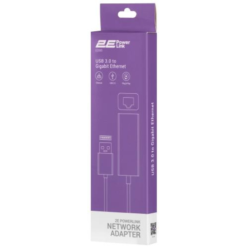 Мережевий адаптер USB 3.0 - Ethernet, 10/100/1000 Мбіт/сек, 2E U2085, Black, чіпсет RTL8153 (2E-U2085)