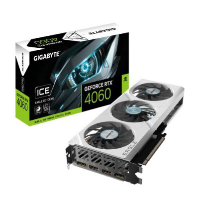Відеокарта GeForce RTX 4060, Gigabyte, EAGLE OC ICE (White Edition), 8Gb GDDR6, 128-bit, 2xHDMI/2xDP, 2505/17000 MHz, 8-pin (GV-N4060EAGLEOC ICE-8GD)