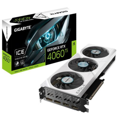 Відеокарта GeForce RTX 4060 Ti, Gigabyte, EAGLE OC ICE (White Edition), 8Gb GDDR6, 128-bit, 2xHDMI/2xDP, 2550/18000 MHz, 8-pin (GV-N406TEAGLEOC ICE-8GD)