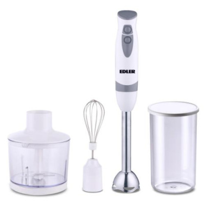 Блендер Edler EDHB-1049, White/Grey, 700W, понурювальний, 2 швидкості, мірний стакан 600мл, подрібнювач 500мл, винчик для збивання, нога та леза з нержавіючої сталі
