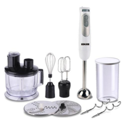 Блендер Edler EDHB-1818, White, 700W, занурювальний, 2 швидкості з плавним регулюванням, мірний стакан 600мл, чаша подрібнювач 1750мл, 2 диски-терки, вінчик для збивання, тістоміс, міксер, нога та леза з нержавіючої сталі