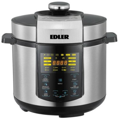 Мультиварка-скороварка Edler ED-PC2007, Black/Silver, 900W, сенсорне управління, чаша 5л, дисплей, програм 20, антипригарне покриття, таймер відстрочки, автопідігрів, автоматичний контроль тиску