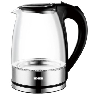 Електрочайник Edler EDEK-817, Black, 2000W, 1.8л, скло+нерж.сталь, дисковий, індикатор рівня води, підсвічування, захист від перегріву, захист від кипіння без води