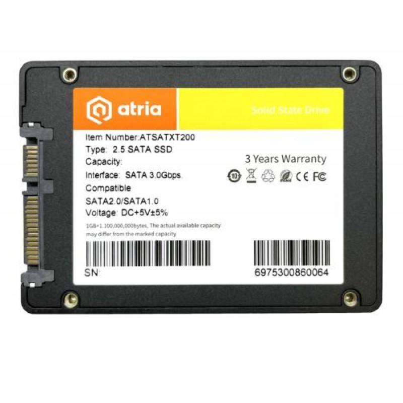 Твердотільний накопичувач SSD 256Gb, Atria XT200, SATA3, 2.5", 3D TLC, 550/455 МБ/с (ATSATXT200/256)