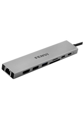 Хаб USB Fenvi F-C801H, Grey, Type-C 3.1 - 1xType-C (100 Вт) / 1xType-C 3.1 / 1xUSB 3.0 / 1xUSB 2.0 / HDMI 4K / Lan / microSD / SD, кабель 12 см, алюмінієвий корпус