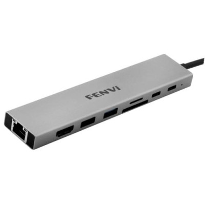 Хаб USB Fenvi F-C801H, Grey, Type-C 3.1 - 1xType-C (100 Вт) / 1xType-C 3.1 / 1xUSB 3.0 / 1xUSB 2.0 / HDMI 4K / Lan / microSD / SD, кабель 12 см, алюмінієвий корпус
