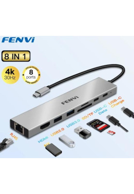 Хаб USB Fenvi F-C801H, Grey, Type-C 3.1 - 1xType-C (100 Вт) / 1xType-C 3.1 / 1xUSB 3.0 / 1xUSB 2.0 / HDMI 4K / Lan / microSD / SD, кабель 12 см, алюмінієвий корпус