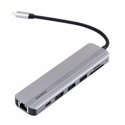Хаб USB Fenvi F-C7205H, Grey, Type-C 3.1 - 1xType-C (100 Вт)/2xUSB 3.0/HDMI 4K/GLan/microSD/SD, кабель 12 см, алюмінієвий корпус