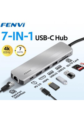 Хаб USB Fenvi F-C7205H, Grey, Type-C 3.1 - 1xType-C (100 Вт) / 2xUSB 3.0 / HDMI 4K / GLan / microSD / SD, кабель 12 см, алюмінієвий корпус