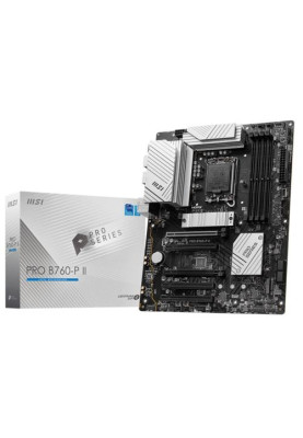Материнська плата LGA1700, MSI PRO B760-P II, B760, 4xDDR5, Int.Video(CPU), 4xSATA3, 2xM.2, 2xPCI-E 4.0 x16, 3xPCI-E 3.0 x16, ALC897, RTL8125BG, 8xUSB3.2/6xUSB2.0, HDMI/DP, ATX