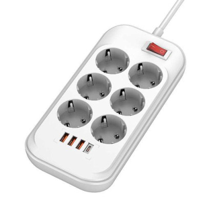 Фільтр мережевий ColorWay, 6 розеток, 2 м, White, 1xType-C (20 Вт, PD3.0), 3xUSB (18 Вт, QC3.0), дріт з міді (до 2500 Вт), 10A (CW-CHE64PDW)