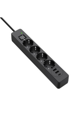 Фільтр мережевий ColorWay, 4 розетки, 5 м, Black, 1xType-C (20 Вт, PD3.0), 2xUSB (18 Вт, QC3.0), дріт з міді (до 2500 Вт), 10A, вимикач, заземлення (CW-CHE435PDB)
