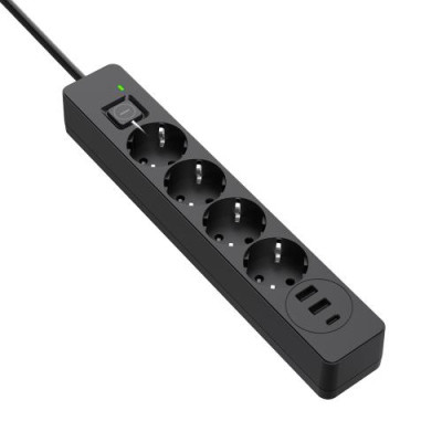 Фільтр мережевий ColorWay, 4 розетки, 5 м, Black, 1xType-C (20 Вт, PD3.0), 2xUSB (18 Вт, QC3.0), дріт з міді (до 2500 Вт), 10A, вимикач, заземлення (CW-CHE435PDB)
