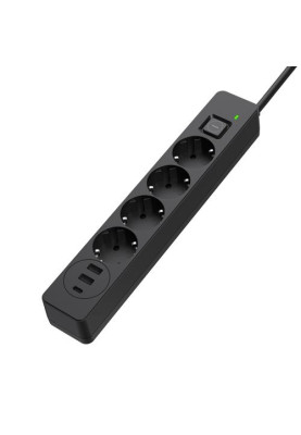 Фільтр мережевий ColorWay, 4 розетки, 5 м, Black, 1xType-C (20 Вт, PD3.0), 2xUSB (18 Вт, QC3.0), дріт з міді (до 2500 Вт), 10A, вимикач, заземлення (CW-CHE435PDB)