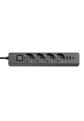 Фільтр мережевий ColorWay, 4 розетки, 5 м, Black, 1xType-C (20 Вт, PD3.0), 2xUSB (18 Вт, QC3.0), дріт з міді (до 2500 Вт), 10A, вимикач, заземлення (CW-CHE435PDB)