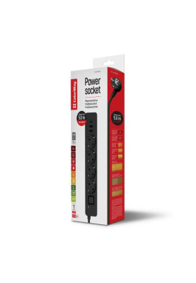 Фільтр мережевий ColorWay, 4 розетки, 5 м, Black, 1xType-C (20 Вт, PD3.0), 2xUSB (18 Вт, QC3.0), дріт з міді (до 2500 Вт), 10A, вимикач, заземлення (CW-CHE435PDB)