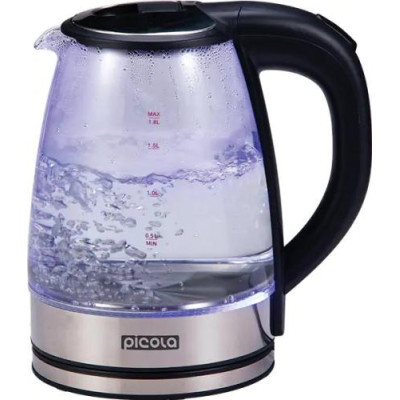 Електрочайник Picola PEK-04, Black, 1500W, 1.8л, скло+нерж.сталь, дисковий, індикатор рівня води, захист від перегріву, відключення за відсутності води