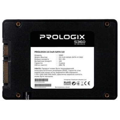 Твердотільний накопичувач SSD 256Gb, ProLogix S360, SATA3, 2.5`, 3D TLC, 530/510 МБ/с (PRO256GS360)