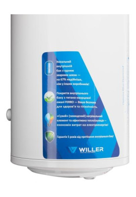 Водонагрівач Willer EV100DR Optima, White, 2000W, 100л, сухий ТЕН, 2 ТЕНи, механічне керування, зовнішній терморегулятор, бак титанокварцова емаль, C, 104.5х41х43см