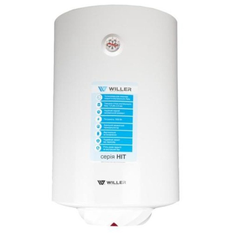 Водонагрівач Willer EV80R-HIT, White, 1500W, 80л, вертикальний, мокрий ТЕН, механічне керування, зовнішній терморегулятор, бак титанокварцова емаль, C, 75.8х45х46.5см